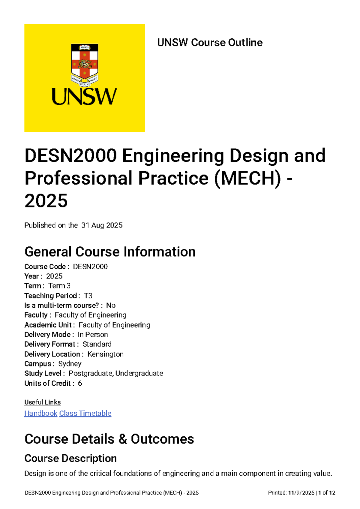 DESN2000 - Engineering Design & Professional Practice Course Outline ...