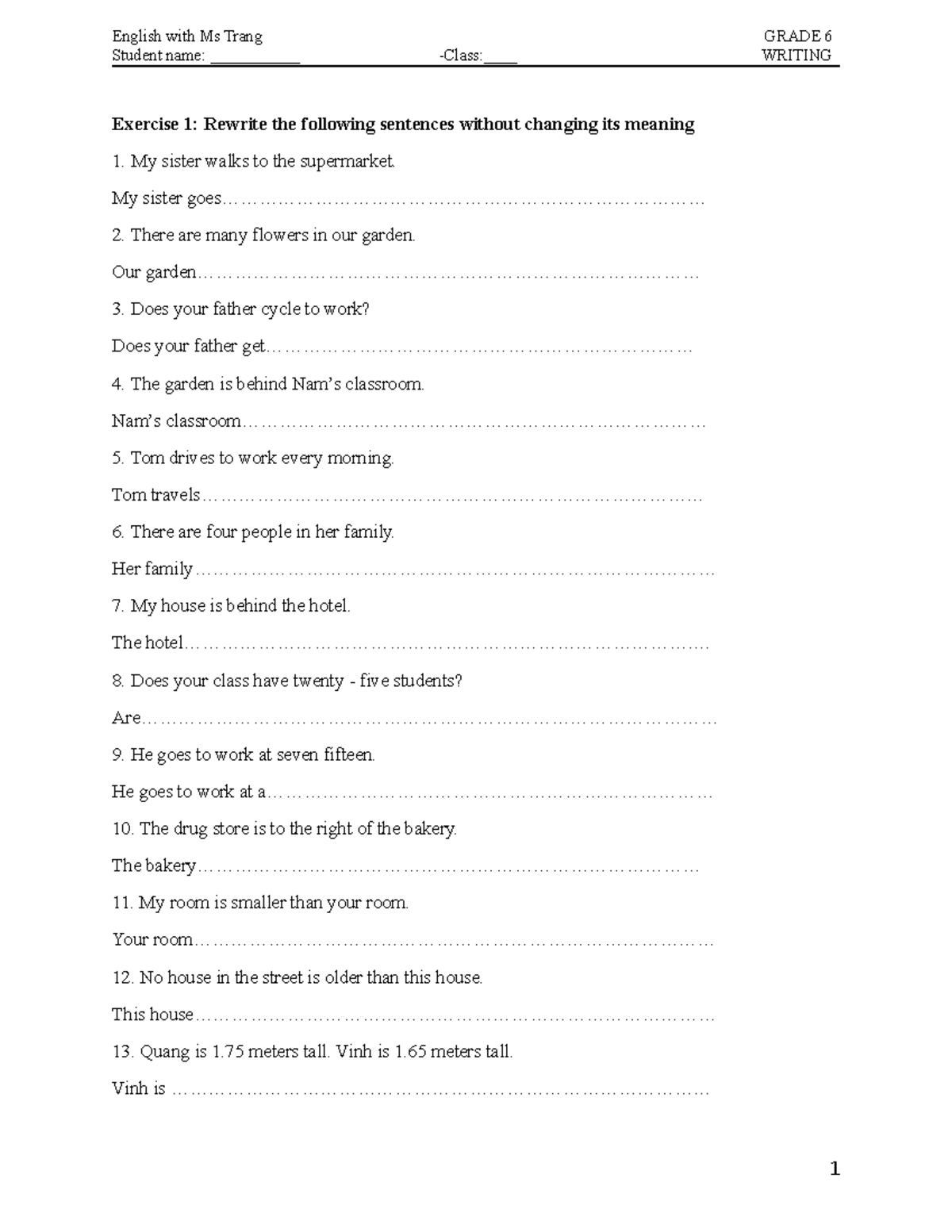 G6 WRITING: Sentence Rewrite Exercises with Ms Trang - Studocu
