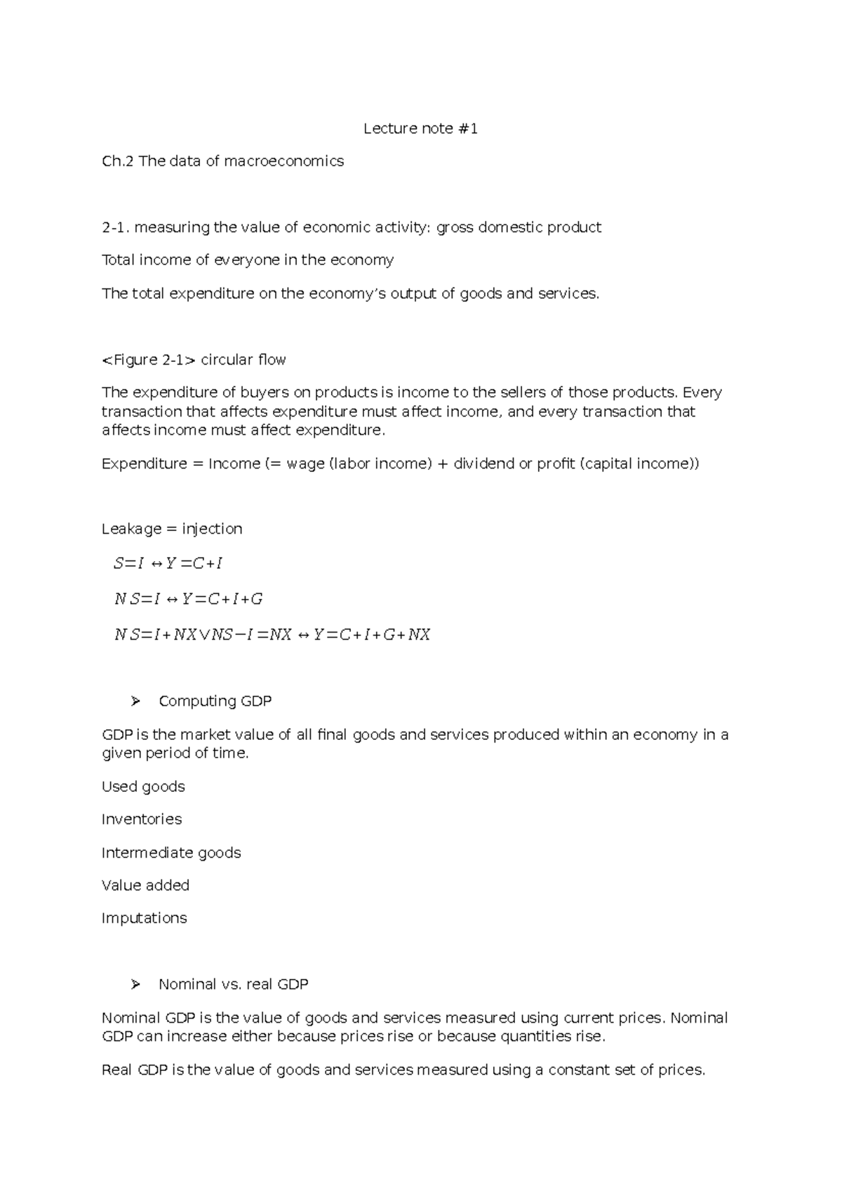 Lecture 1 - Lecture note #1 Ch The data of macroeconomics 2-1 ...