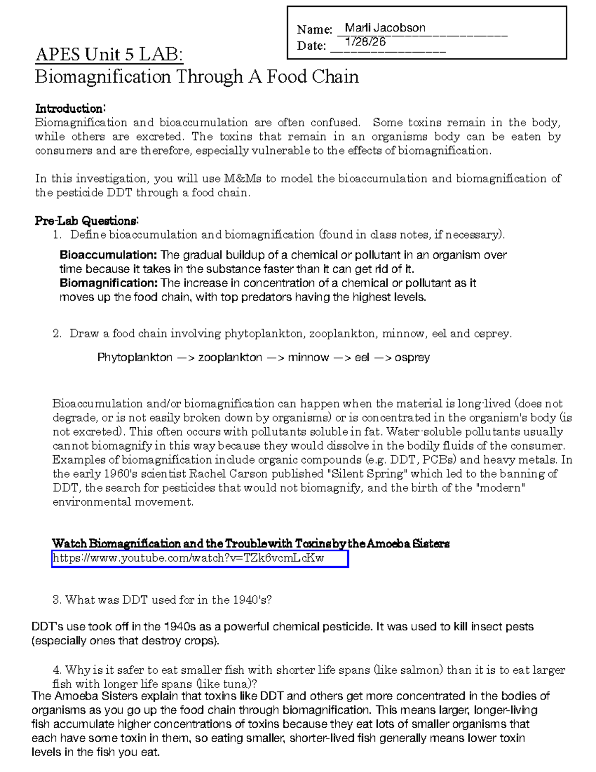 Final Lab Report: APES Unit 5 - Biomagnification of DDT in Food Chains ...