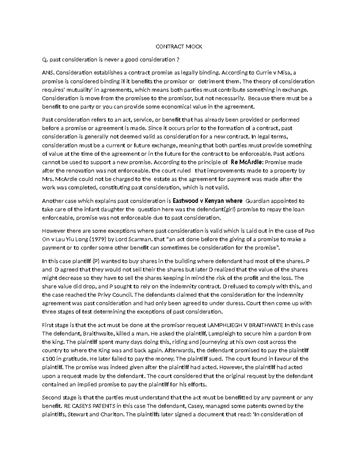 Contract Law Insights: Past Consideration Analysis in Legal Cases - Studocu