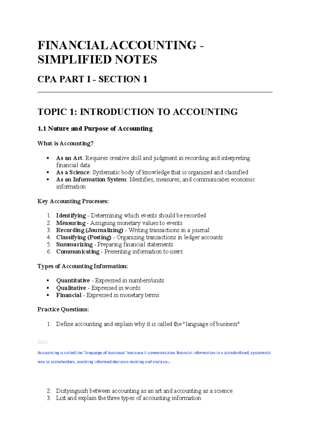 FA Simplified Notes: Introduction to Accounting Concepts and Principles ...
