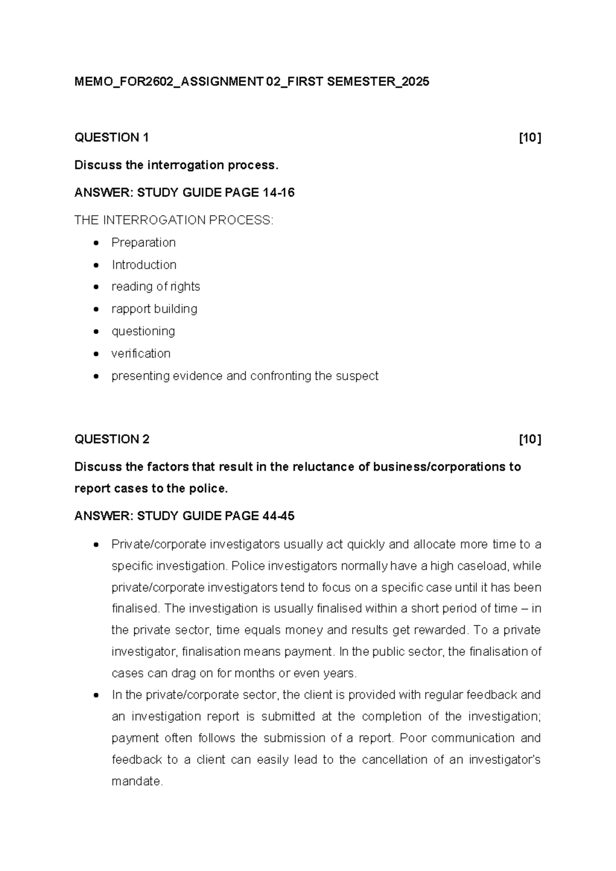 MEMO FOR2602 Assignment 02: Interrogation & Interviewing Process Guide ...