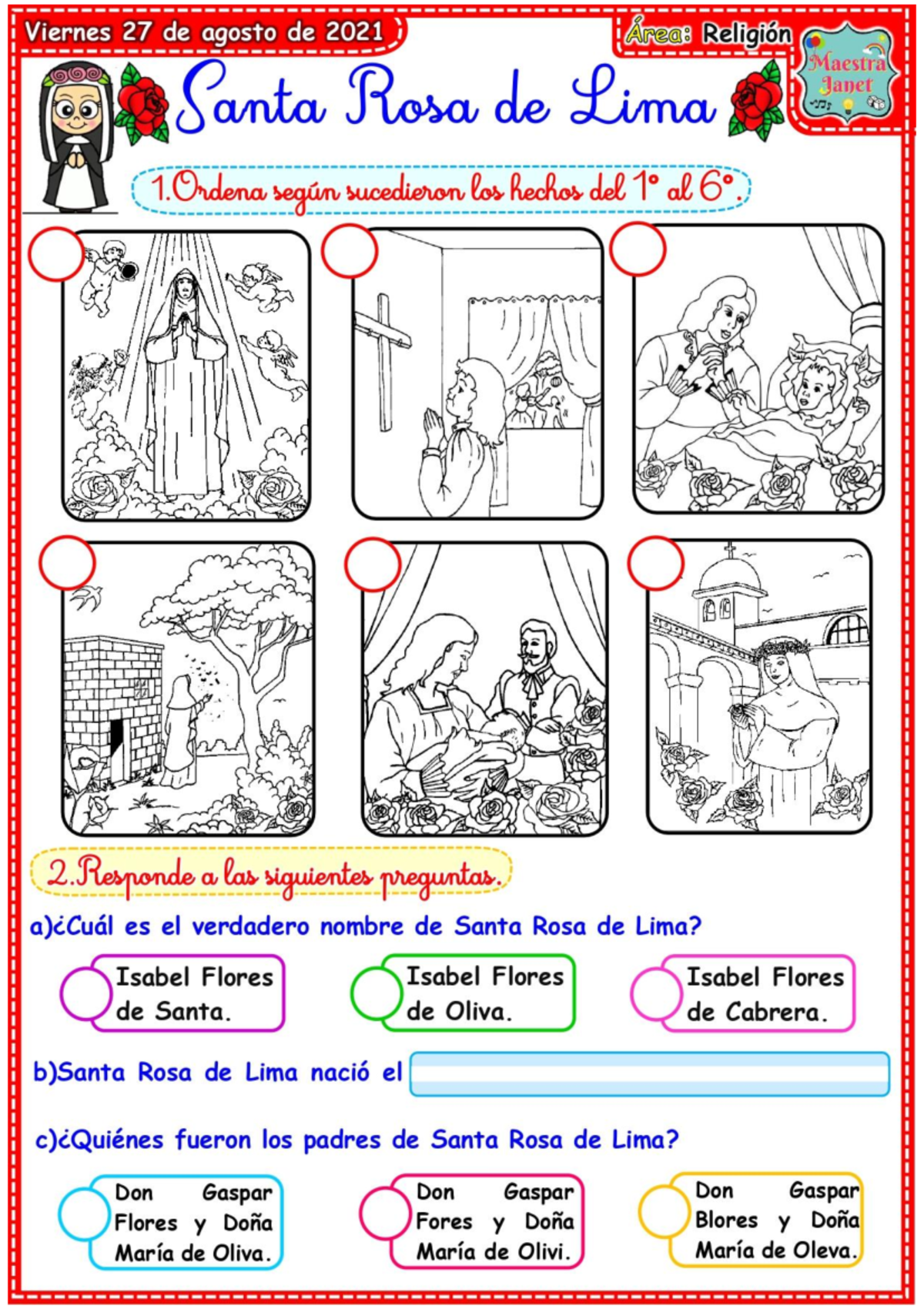 Ficha de Santa Rosa de Lima para 2° Grado - Actividades y Contenidos ...