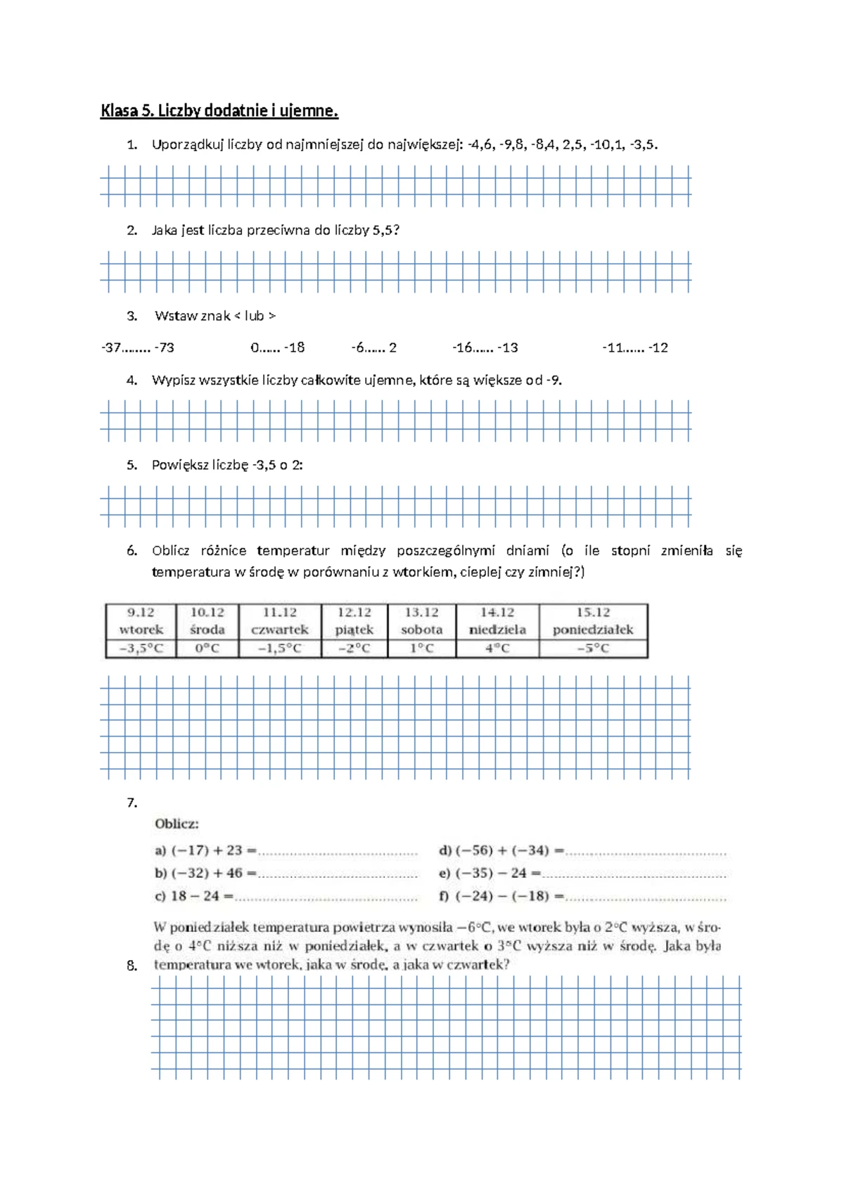Sprawdzian Z Matematyki Klasa 5 Liczby Ujemne