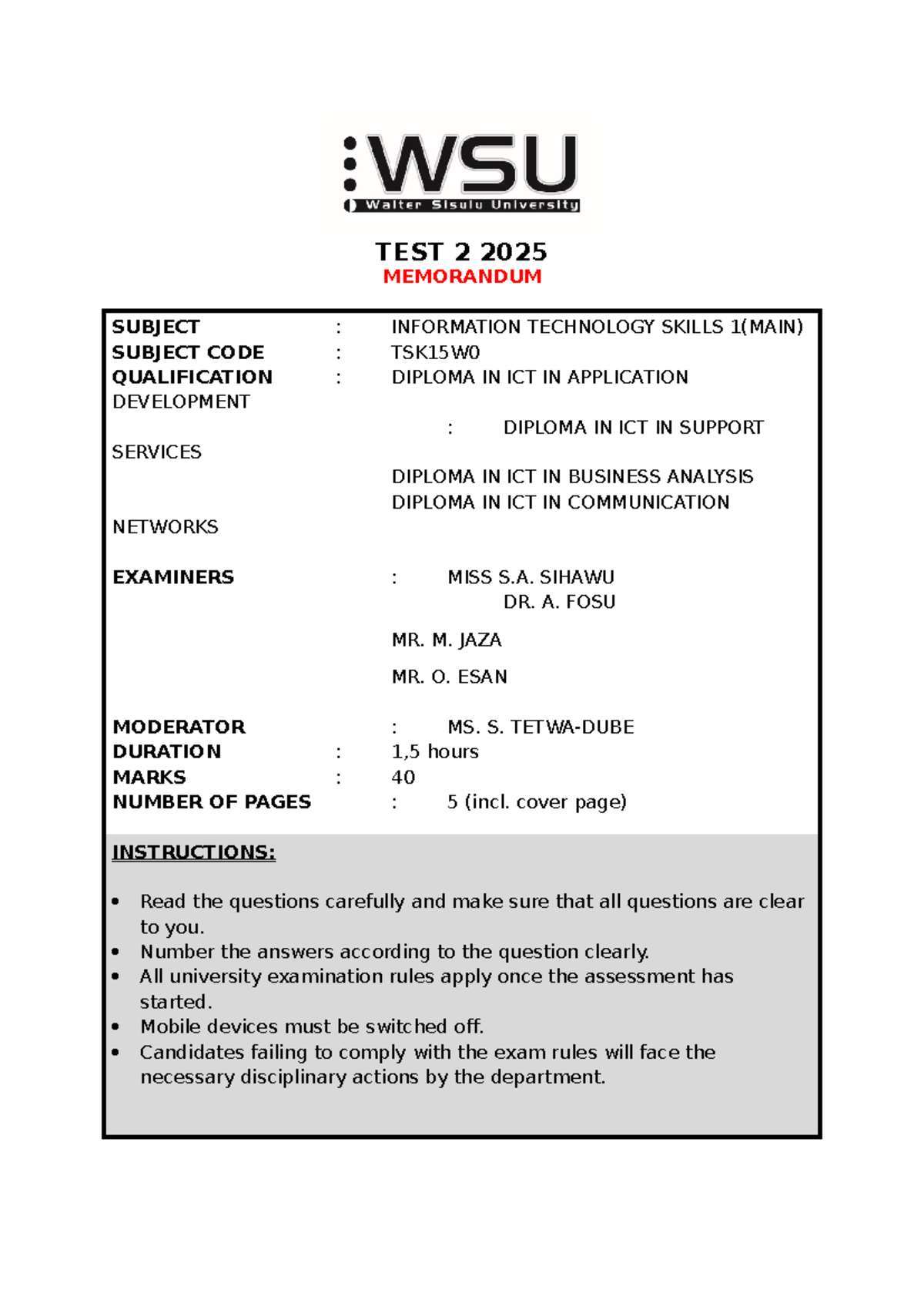Test 2 2025 Memorandum: IT Skills TSK15W0 Exam Solutions - Studocu