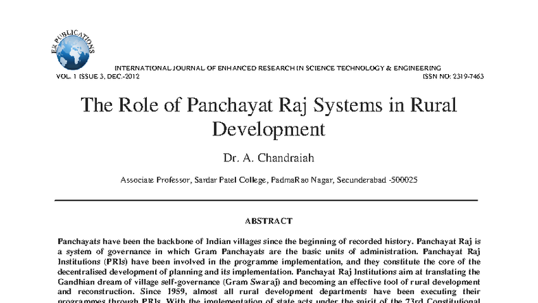 The Role of Panchayat Raj Systems in Rural Development (ENG-101) - Studocu