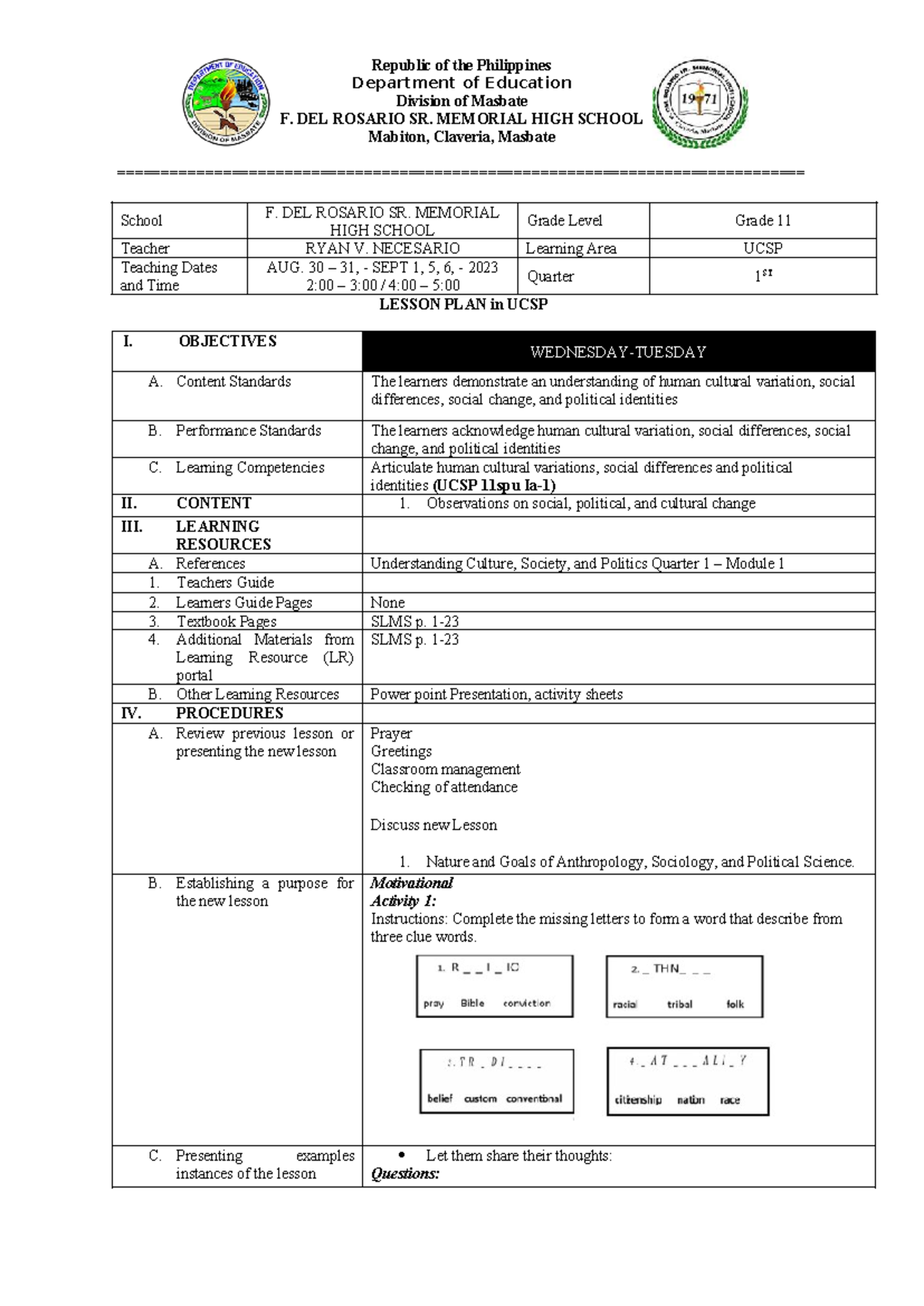 Grade 11 UCSP Lesson Plan: Understanding Culture, Society, and Politics ...