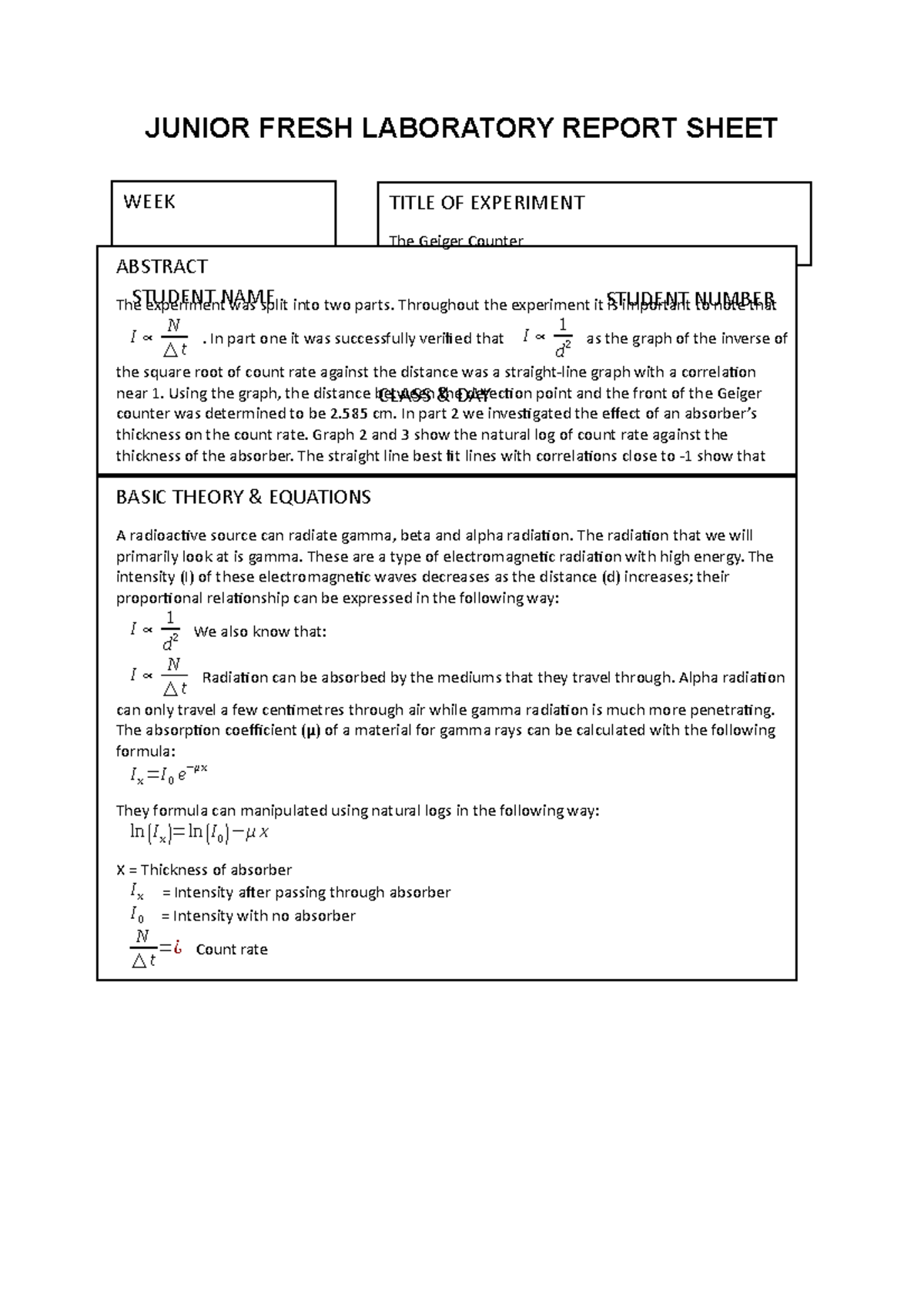 Geiger counter VLAB - JUNIOR FRESH LABORATORY REPORT SHEET ...