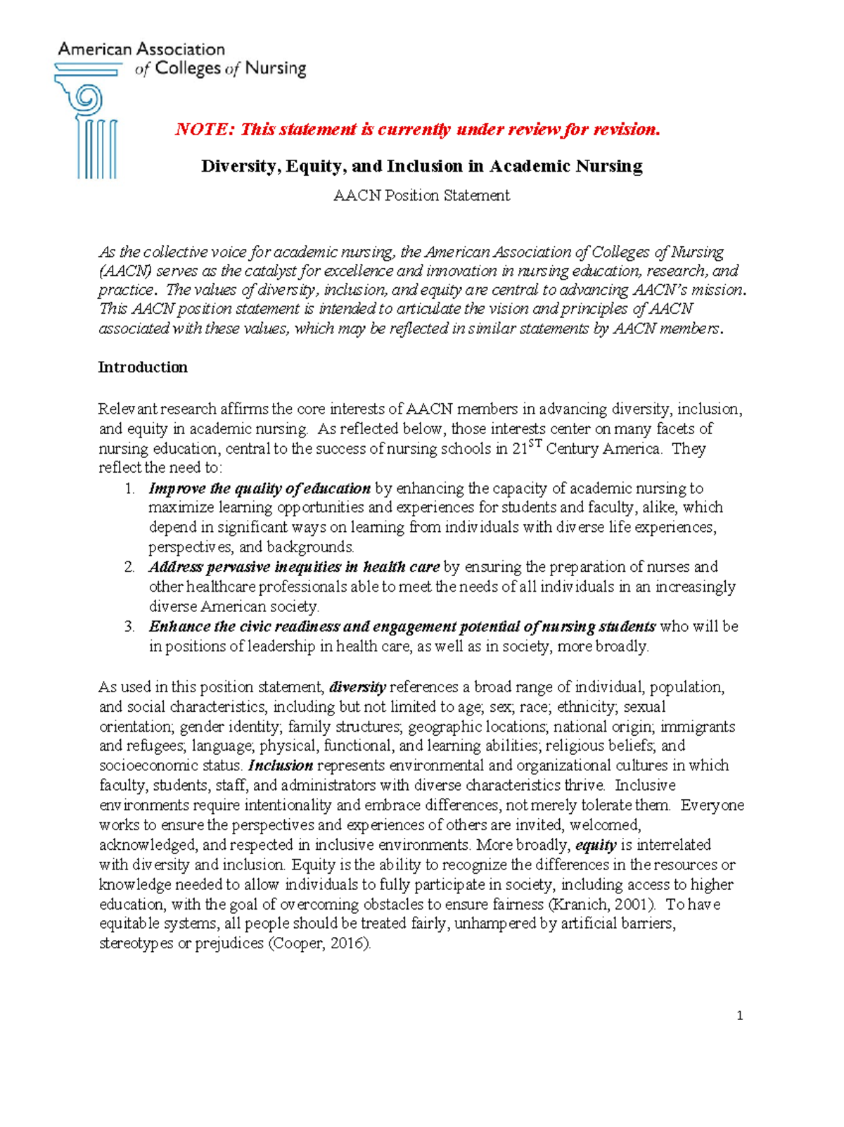 AACN Position Statement on Diversity, Equity, and Inclusion in Nursing ...