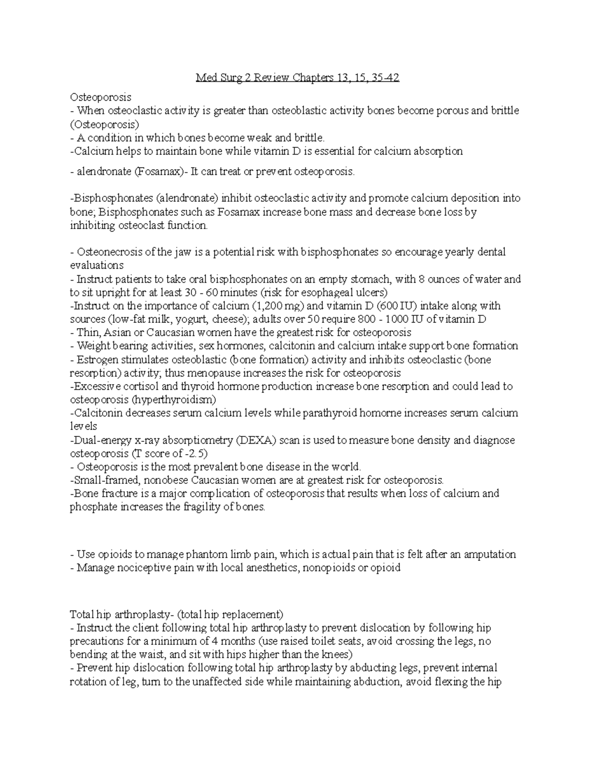 Med Surg 2 Final Review Test 2 Notes on Osteoporosis and Surgery - Studocu