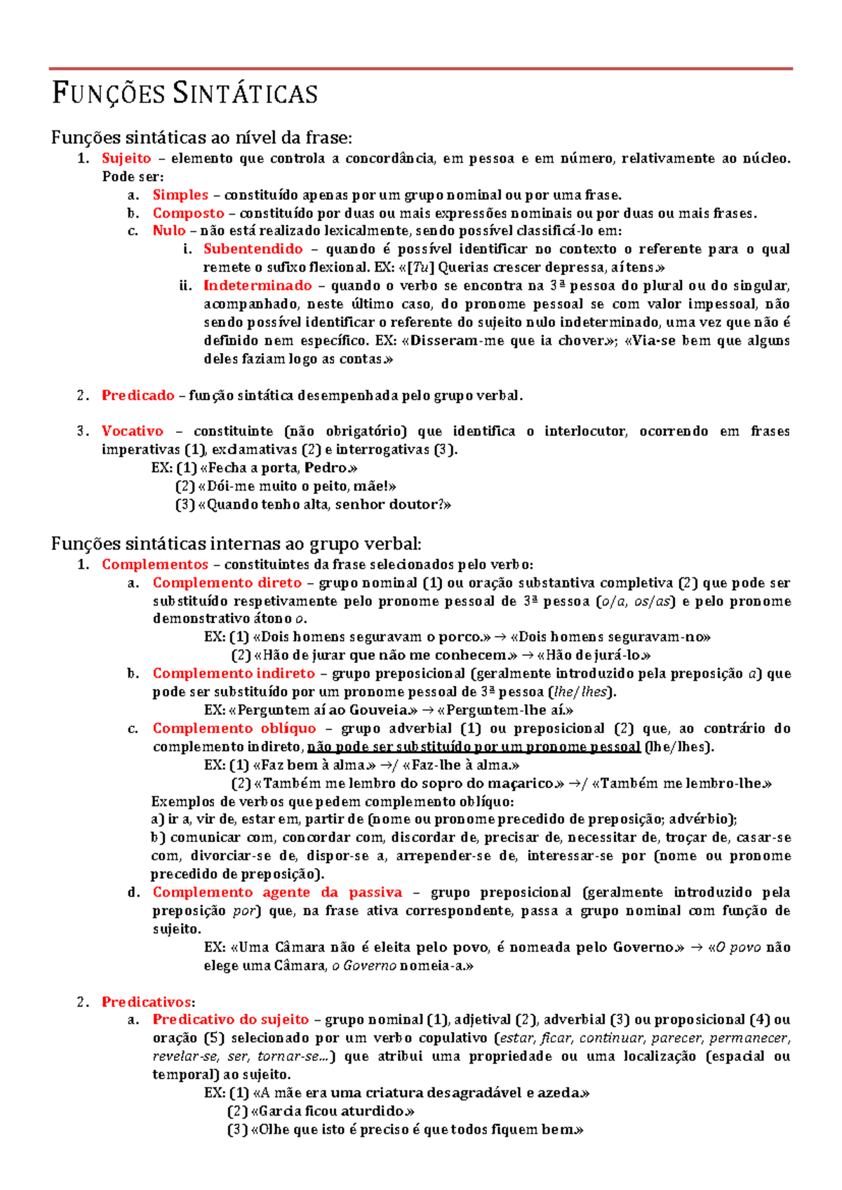Funções Sintáticas: Resumo Completo e Bem Estruturado - Studocu