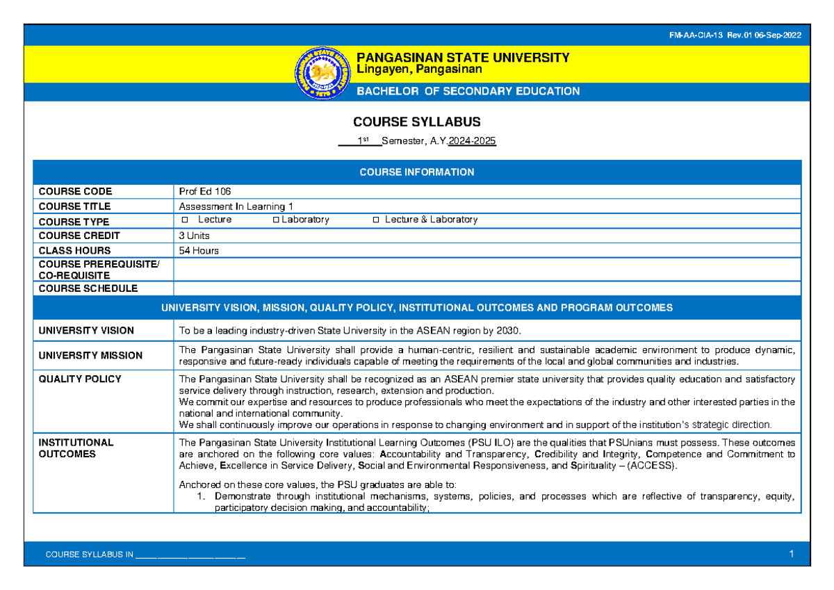 Prof Ed 106 - Assessment in Learning 1 Course Syllabus (1st Sem) - Studocu