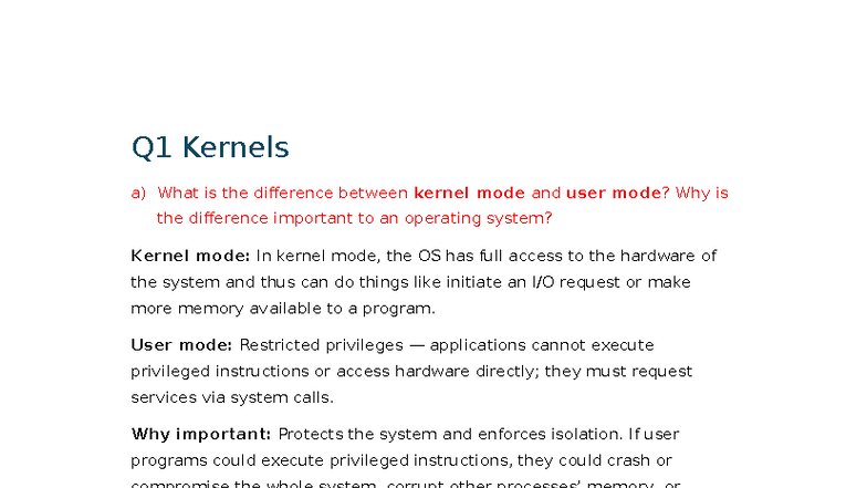 Q1-Q4 Kernel and Thread Scheduling Concepts - Workshop 1 Prep - Studocu