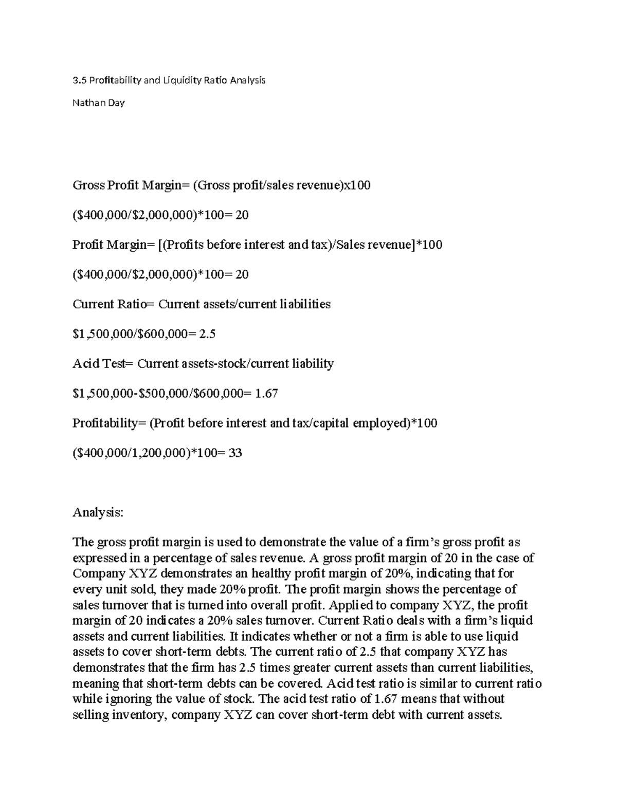 3.5 Profitability and Liquidity Ratio Analysis for Company XYZ - Studocu
