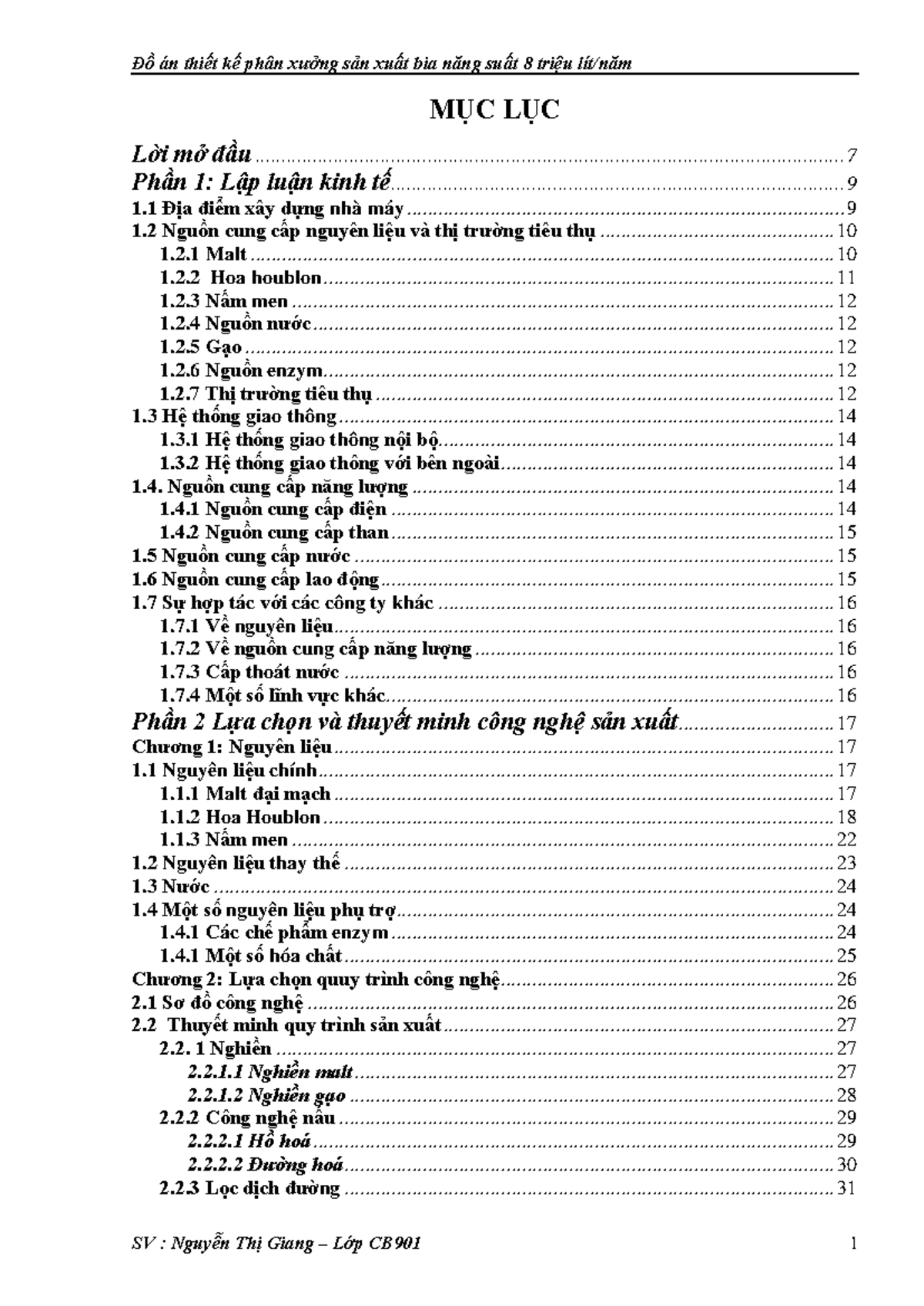 Đồ án thiết kế phân xưởng sản xuất bia năng suất 8 triệu - Lớp CB901 - Document Preview