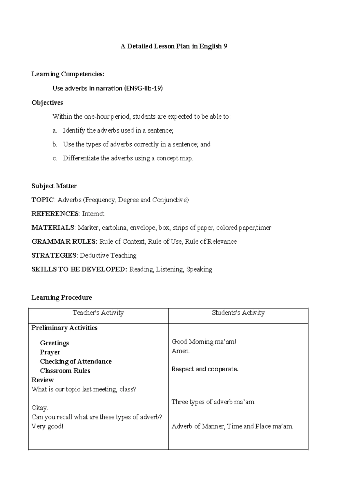 English 9 Lesson Plan: Exploring Characters in Romeo and Juliet - Studocu
