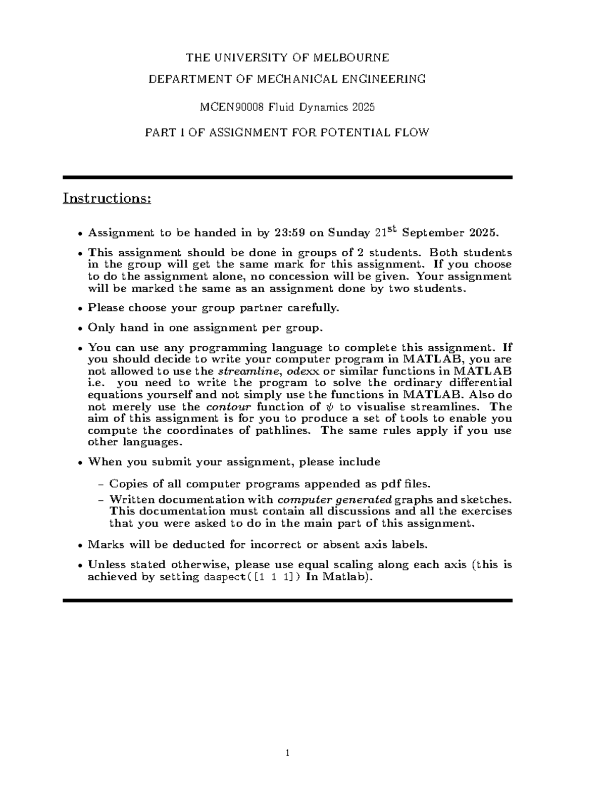 Potential Flow Assignment MCEN90008 2025: Parts I & II - Studocu