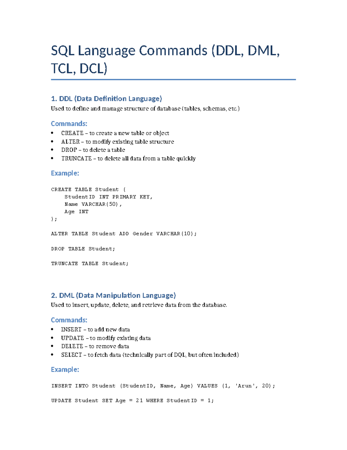 SQL Commands Overview: DDL, DML, TCL, DCL Explained - Studocu