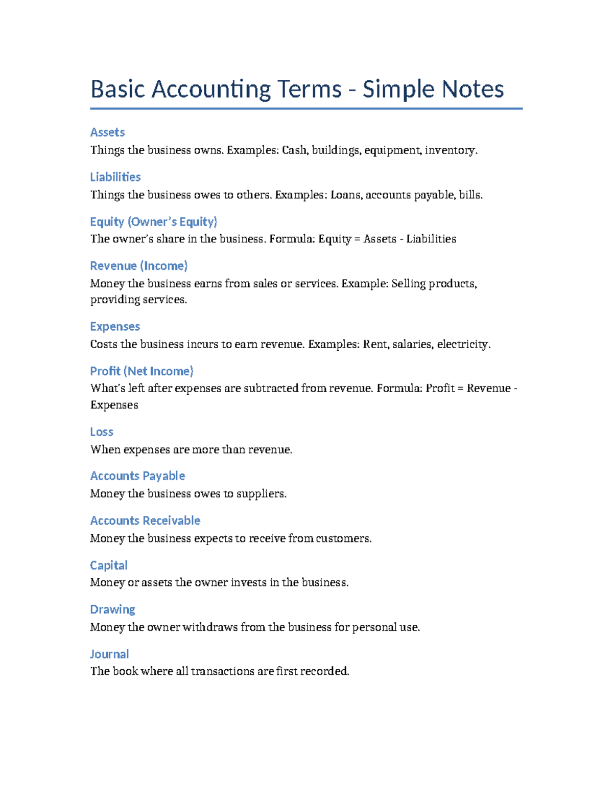 Basic Accounting Terms Notes (ACCT 101) - Studocu