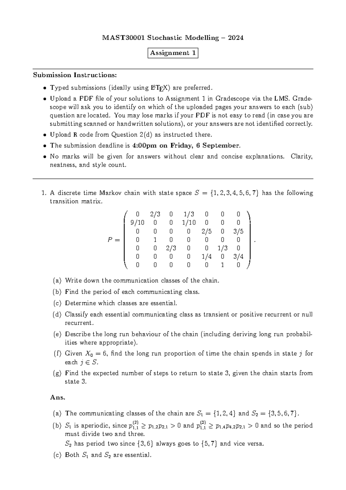 MAST30001 Stochastic Modelling - Assignment 1 Solutions (2024) - Studocu