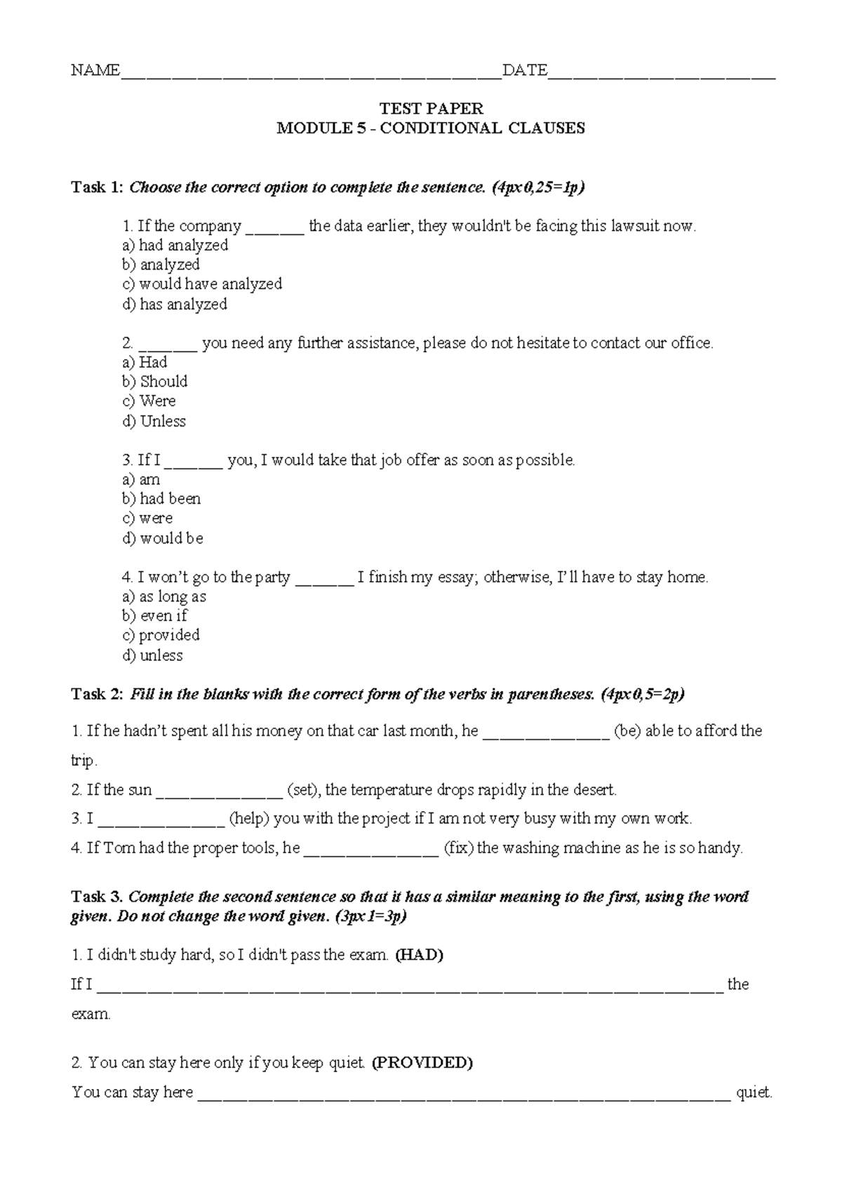 TEST PAPER MODULE 5: CONDITIONAL CLAUSES Practice Exercises - Studocu