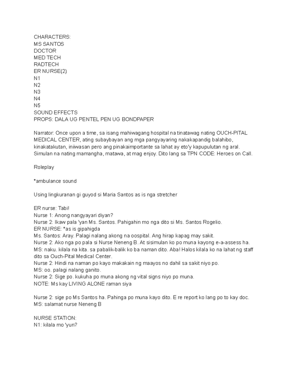 Roleplay Script for TPN Management in ER - Case Study on Ms. Santos ...