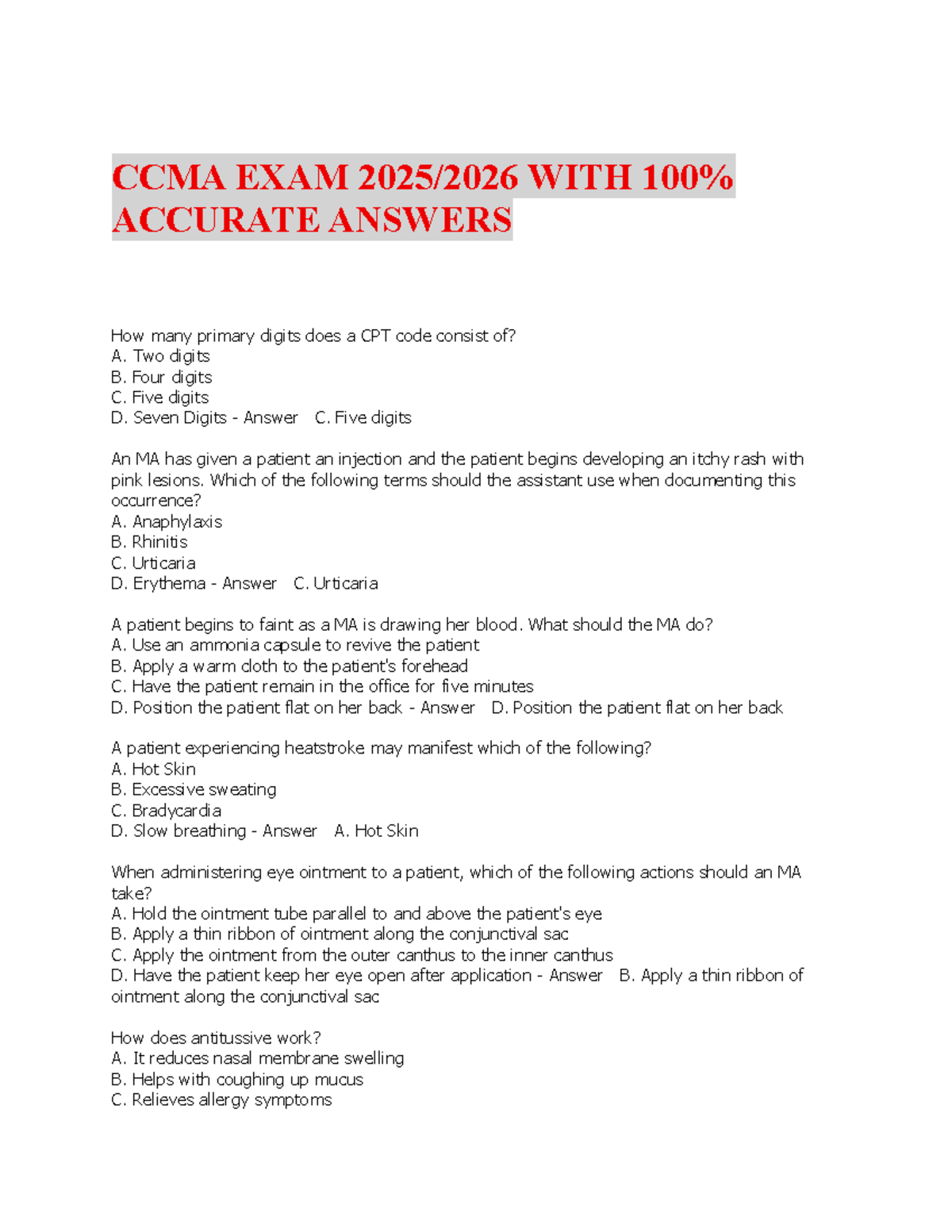 CCMA EXAM 2025 - COMPREHENSIVE STUDY GUIDE WITH ANSWERS - Studocu