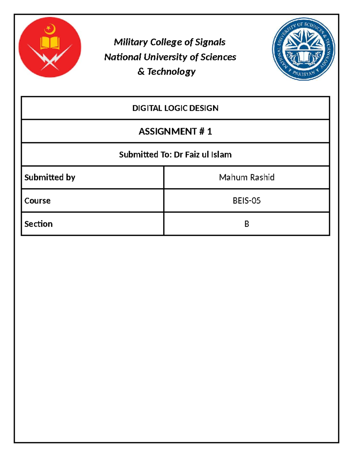 DIGITAL LOGIC DESIGN ASSIGNMENT 1 - MCS NUST - Studocu