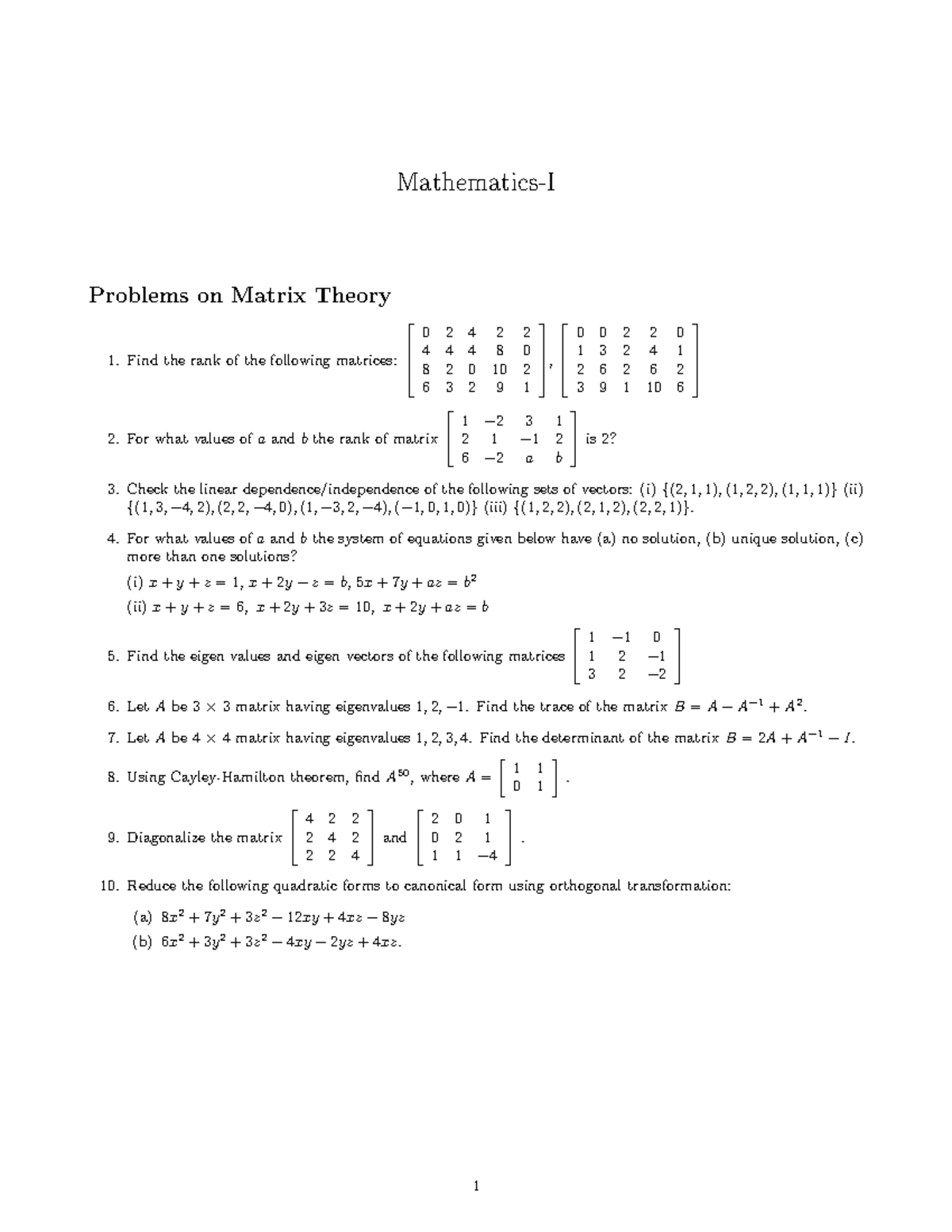 Mathematics-I: Problems on Matrix Theory and Applications - Studocu