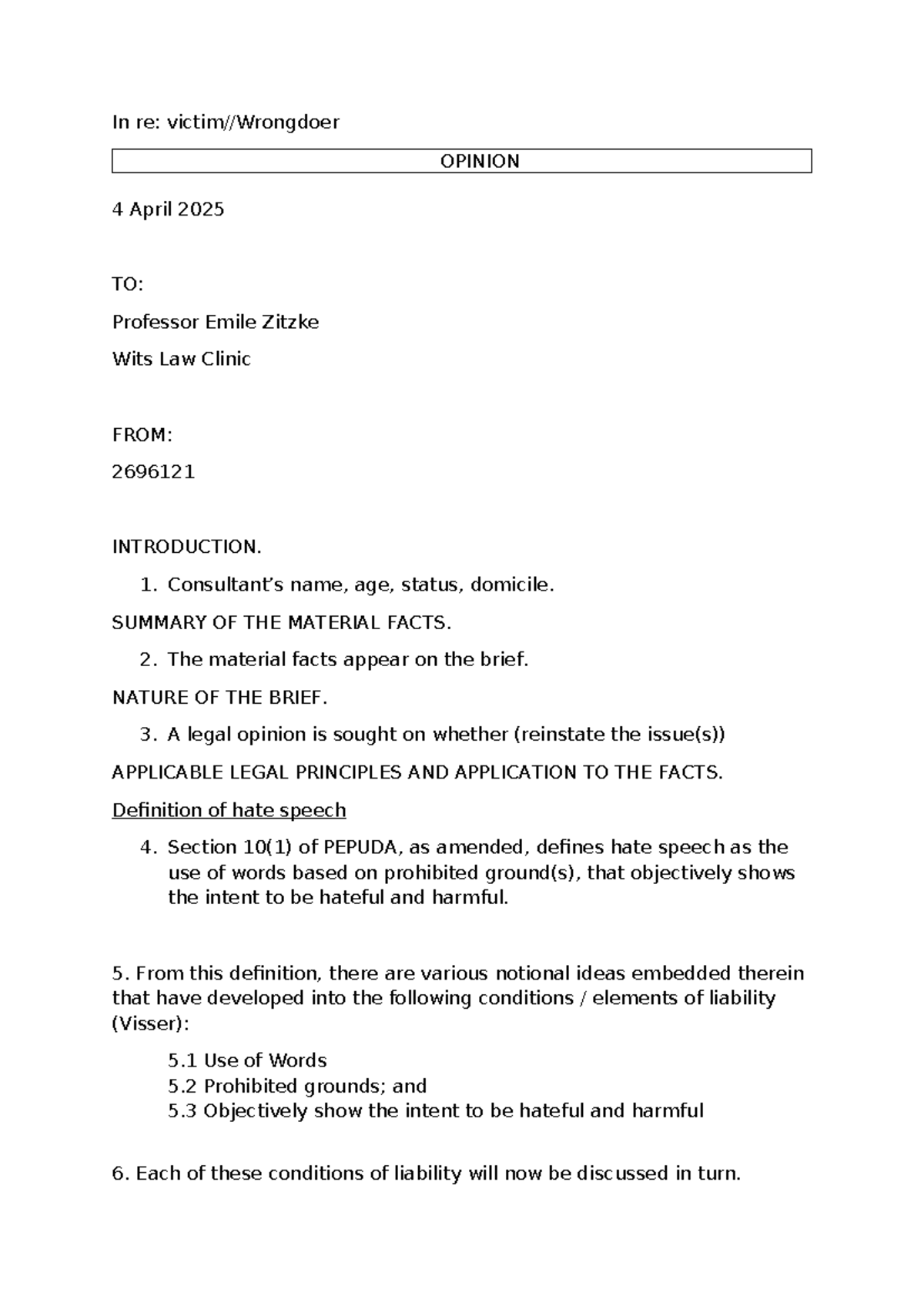 Legal memorandum on hate speech under PEPUDA (2696121) - Studocu