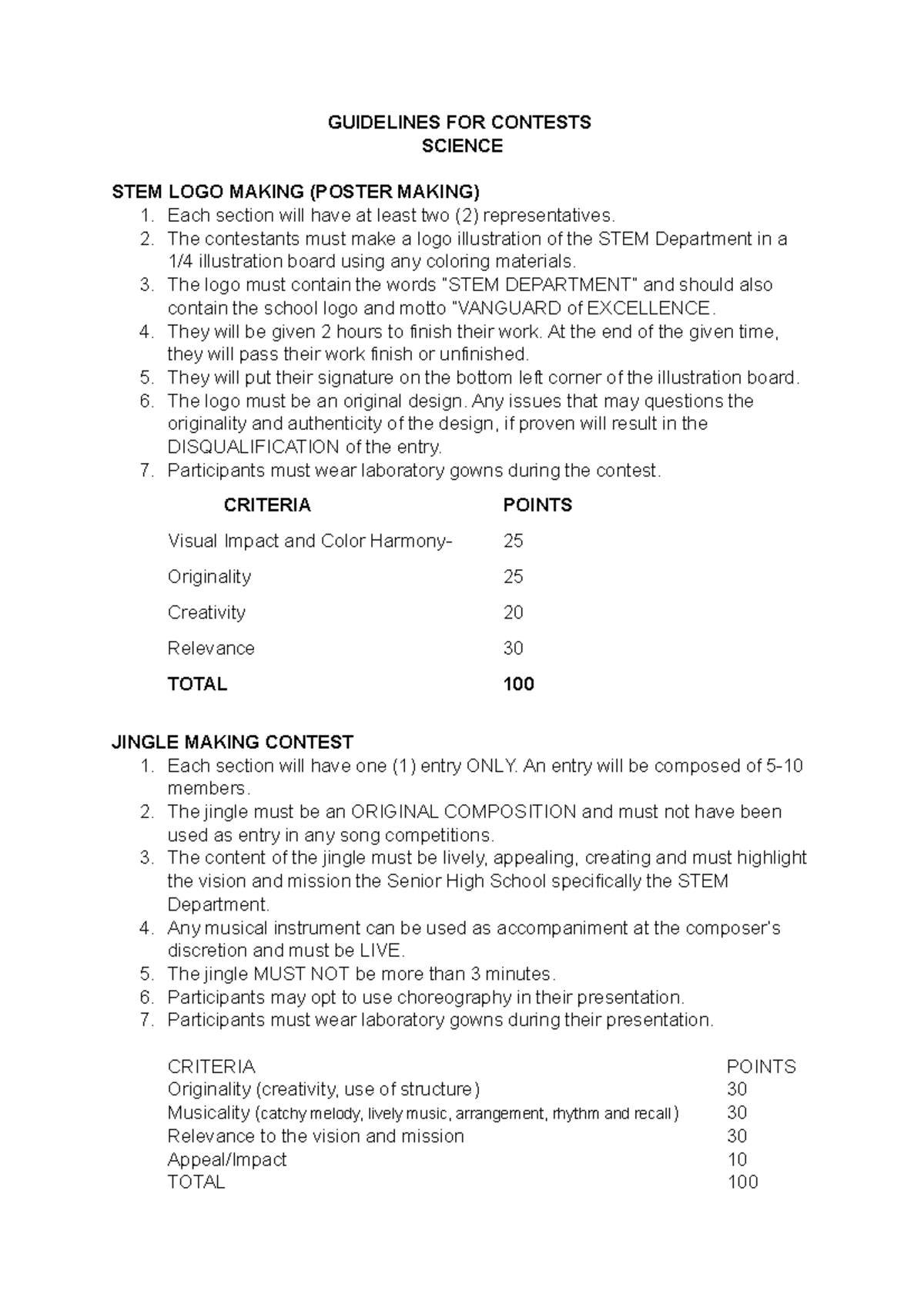 Guidelines for Science Contests: STEM Activities and Competitions - Studocu