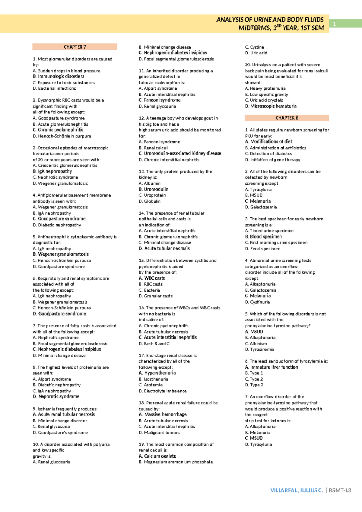 ANALYSIS OF URINE AND BODY FLUIDS MIDTERMS, 3RD YEAR, 1ST SEM - Studocu
