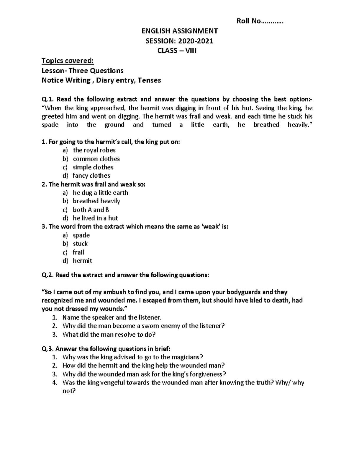 Cls-8 English Assignment: Three Questions & Related Exercises - Studocu