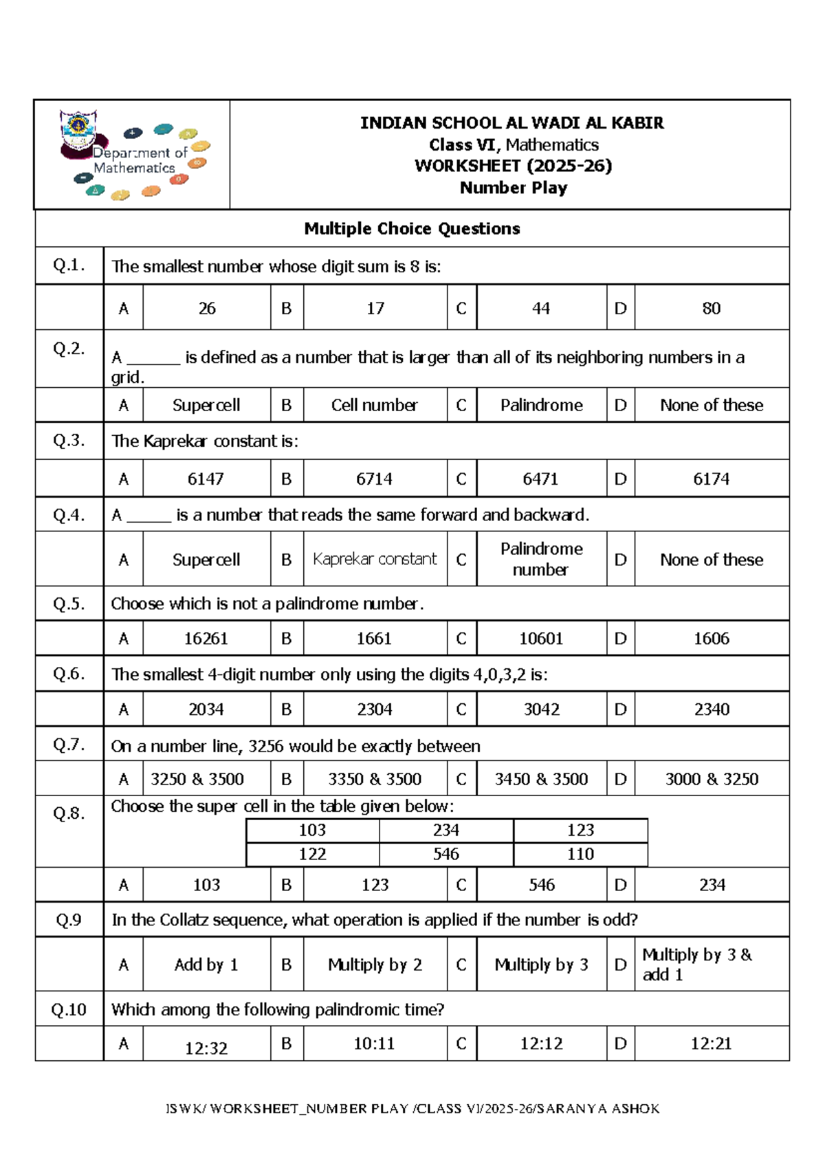 Class VI Mathematics Worksheet: Number Play MCQs (2025-26) - Studocu