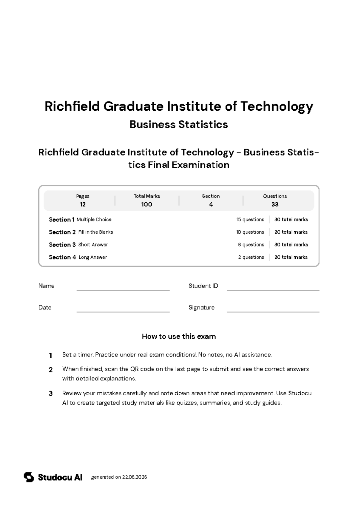 Business Statistics 621 - Final Exam - Studocu