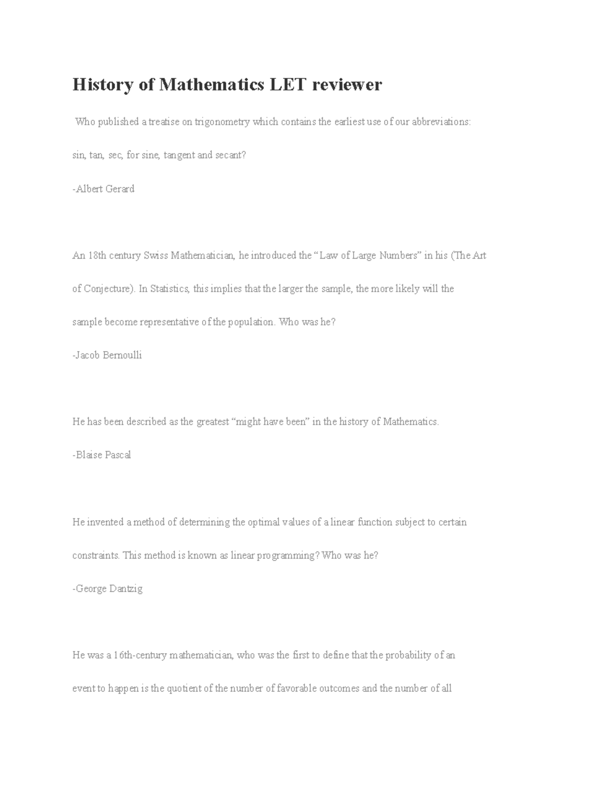 History of Mathematics LET Review Notes - Studocu