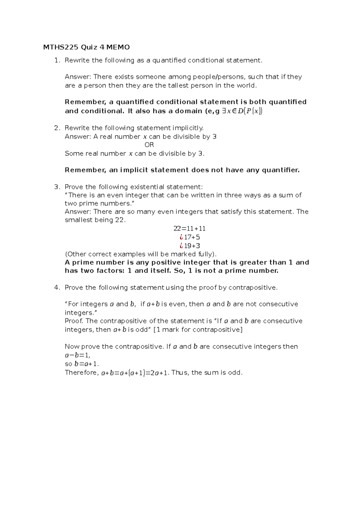 MTHS225 Quiz 4 Practice Memo on Quantified Statements - Studocu