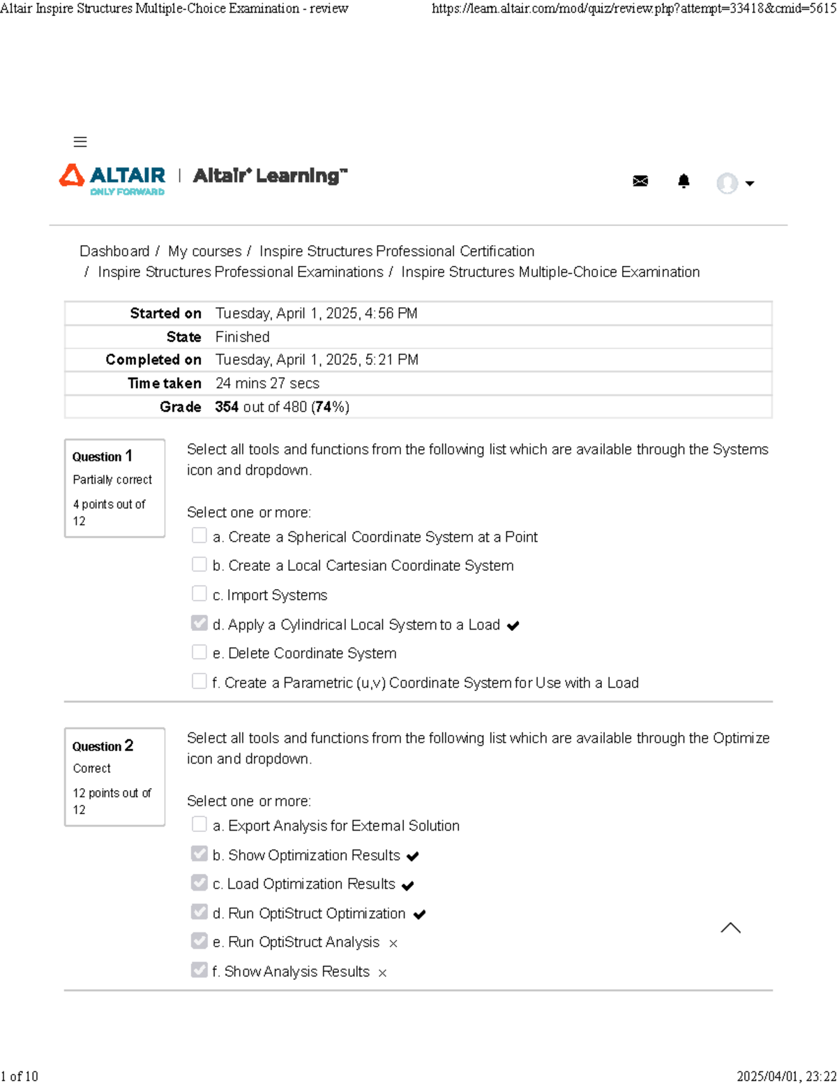 Altair Inspire Structures Exam Review: Multiple-Choice Questions - Studocu