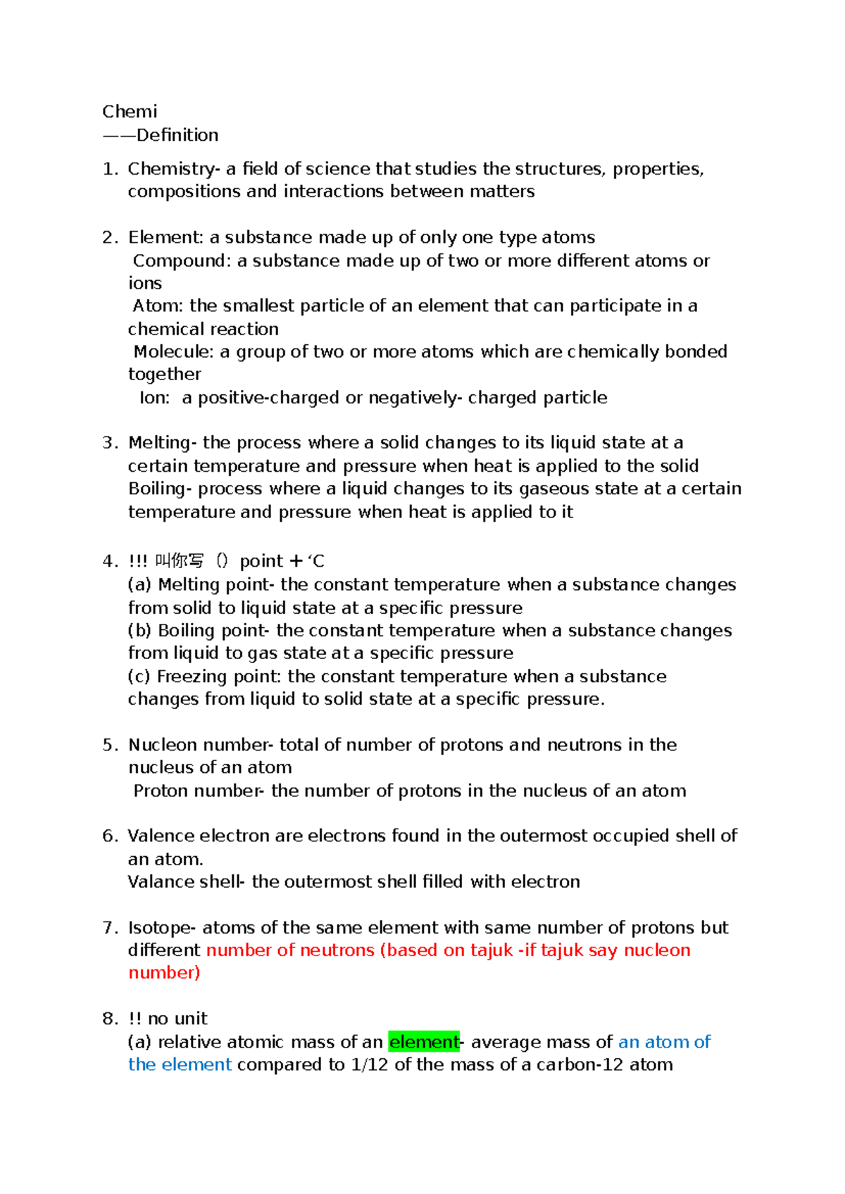 Chemi 1: Key Definitions in Chemistry Concepts and Terms - Studocu