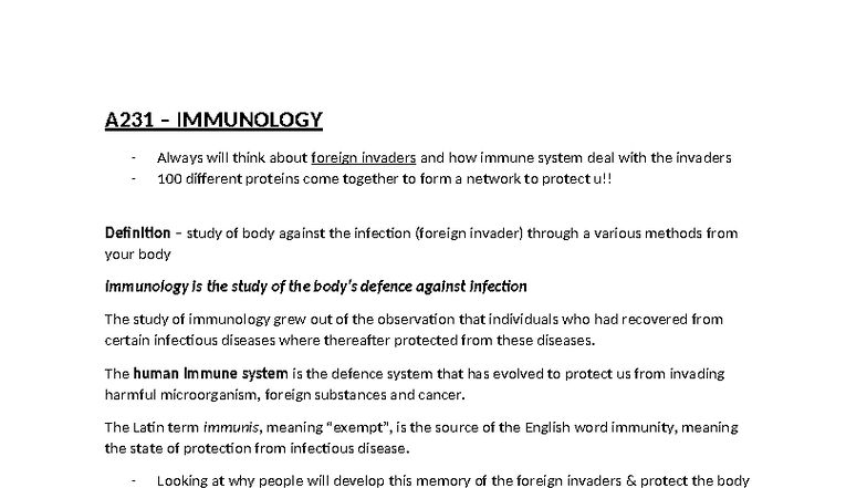 A231 Immunology: Understanding the Immune System and Its Functions ...