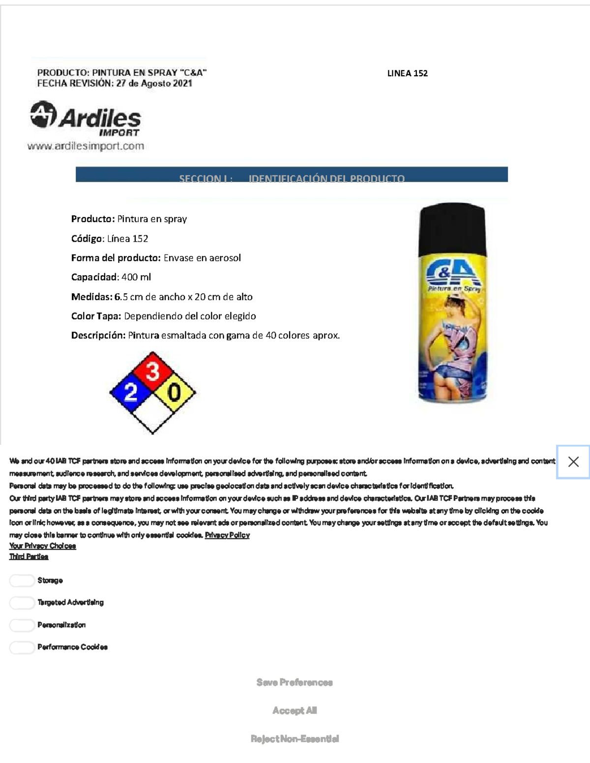 Hoja de Seguridad: Pintura en Spray "C&A" - Línea 152 - Document Preview