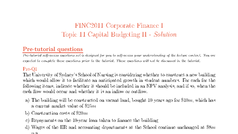 FINC2011 Tutorial Topic 11 Capital Budgeting II Solutions and Notes ...