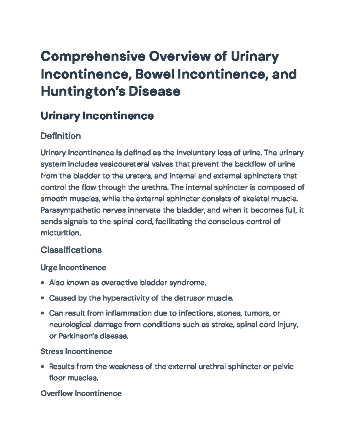 Comprehensive Overview of Urinary & Bowel Incontinence in HD - Studocu