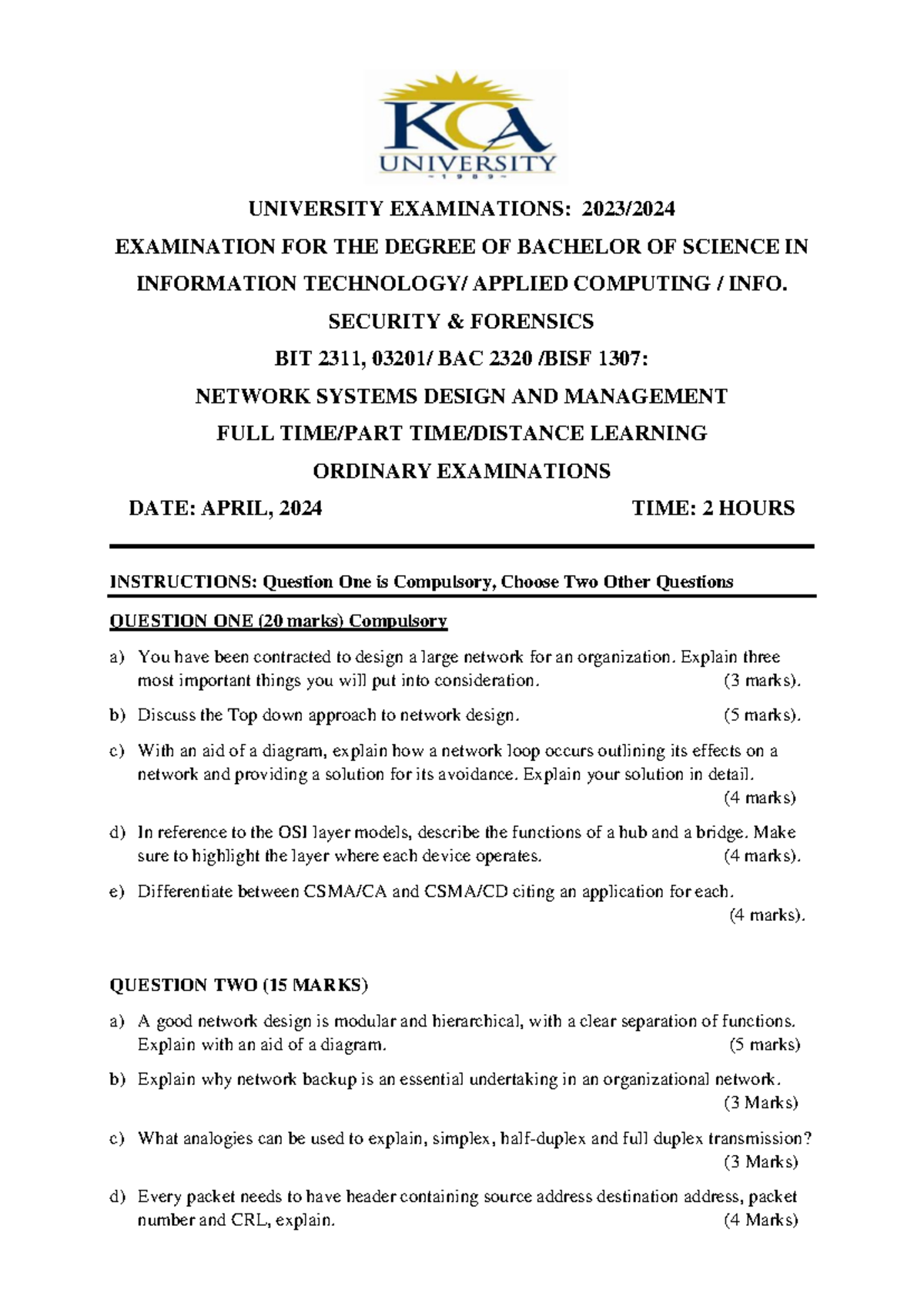 BIT 2311 Network Systems Design Exam Paper - April 2024 - Studocu