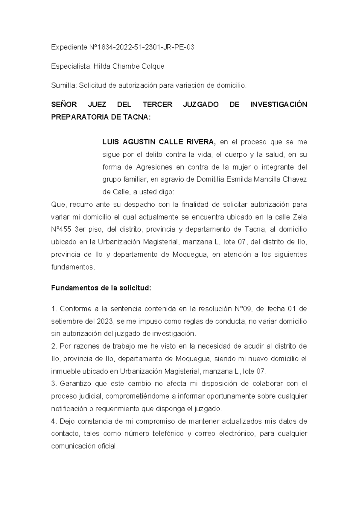 Solicitud de Autorización para Variación de Domicilio en Tacna - Document Preview