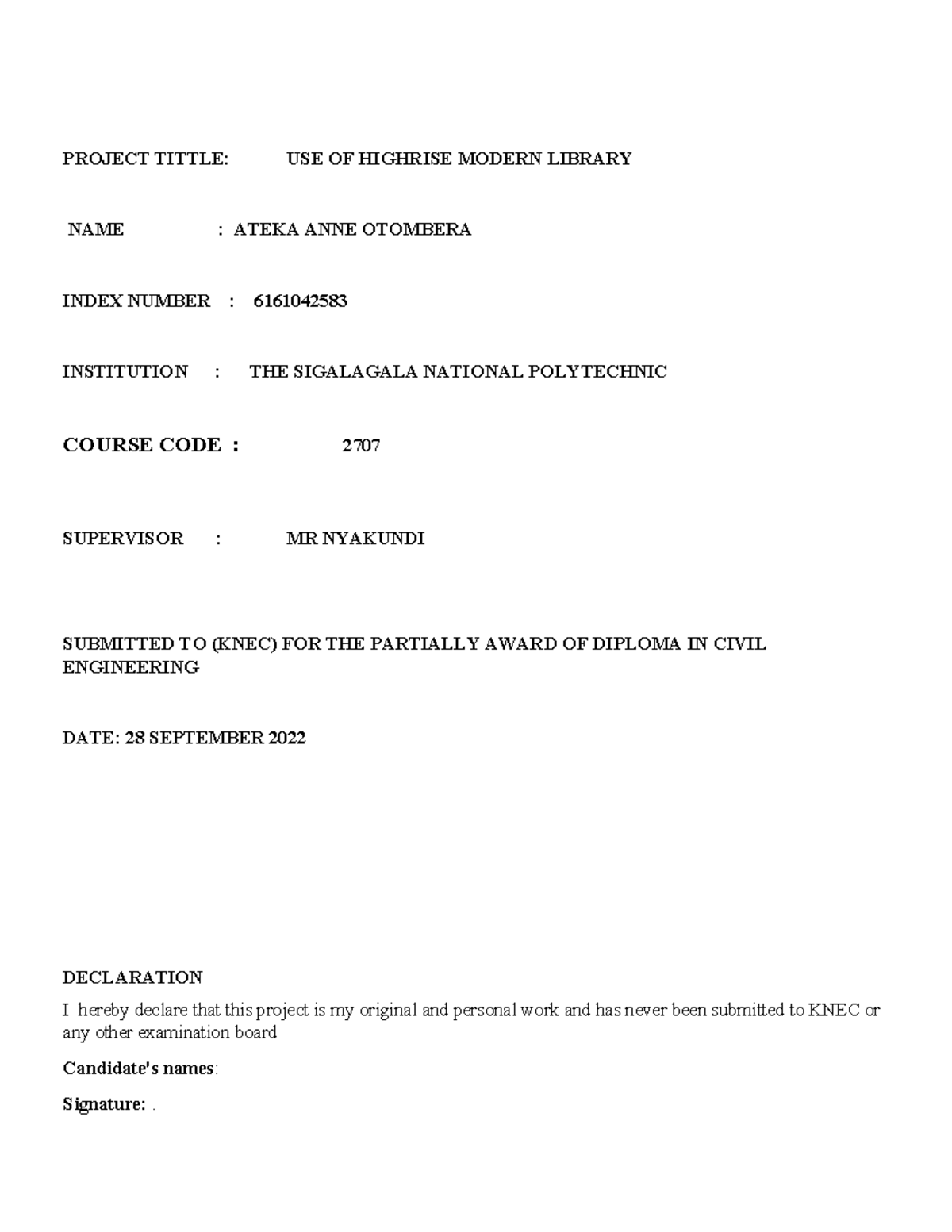 Modern Library Project Proposal for Diploma in Civil Engineering ...