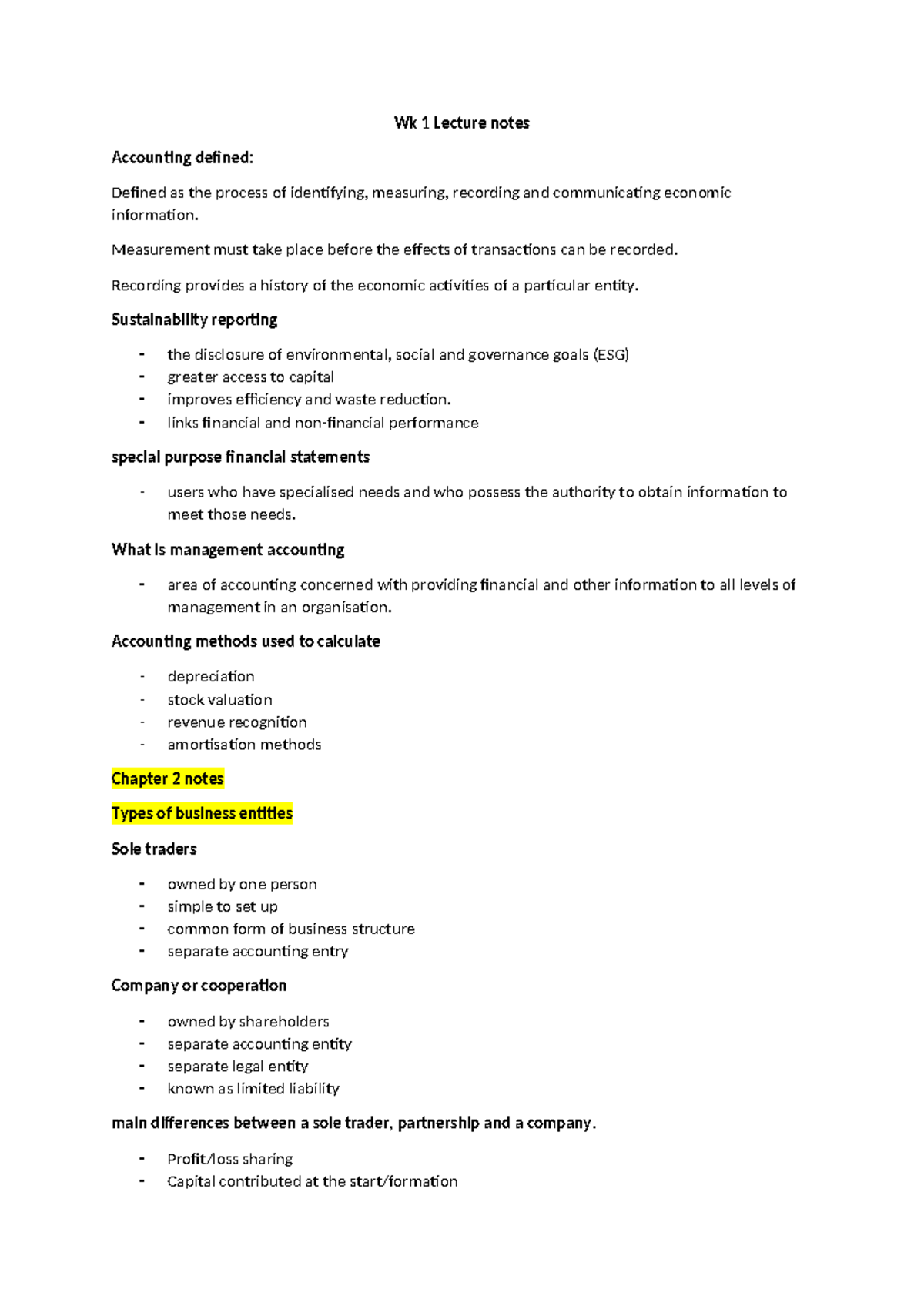 ACC101 Wk 1 Lecture Notes: Introduction to Accounting Concepts - Studocu