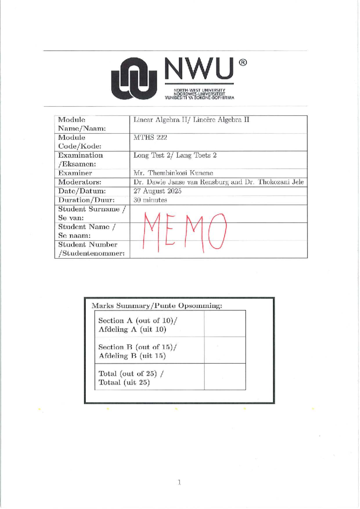 MTHS222 Long Test 2 Memo - Linear Algebra II Solutions - Studocu