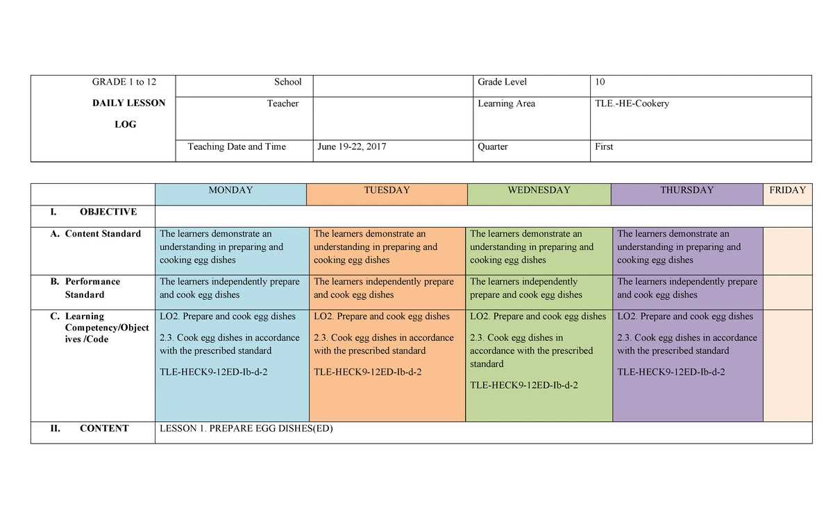 DLL Cookery 9 Week 1 Lesson Log: Enhancing PECs Understanding - Studocu
